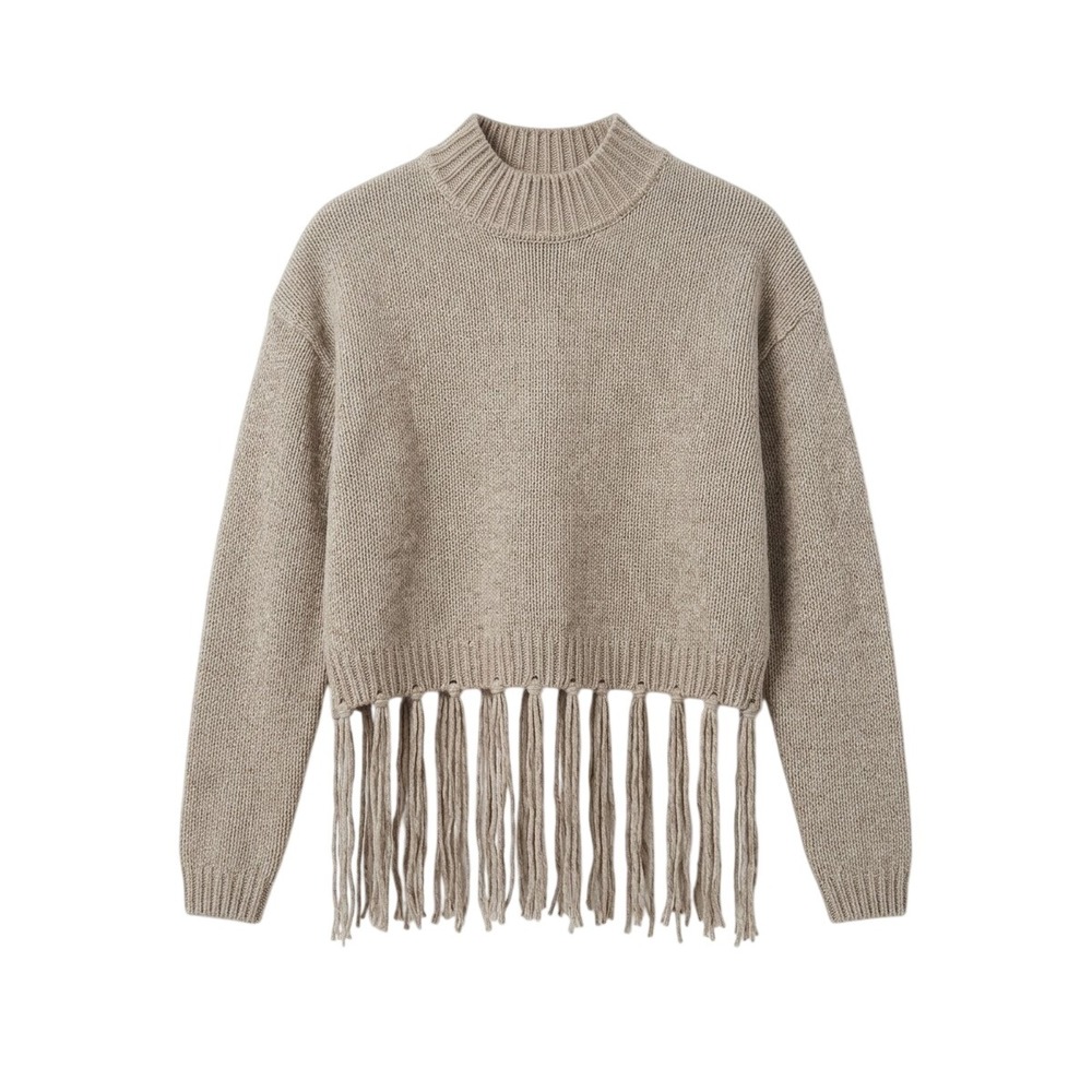 Splendid Riley Fringe Wool-blend Sweater Womens XS Tan Western Boho RW3S220 - Picture 2 of 9